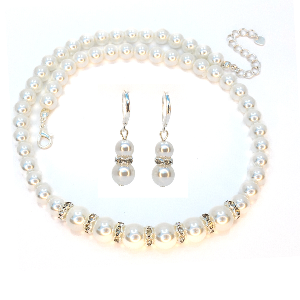 Pearl Rhinestone Necklace & Earrings Set